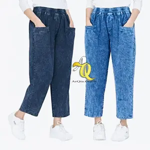 CELANA KOREA JEANS WANITA MODEL TERBRU UKURA ALL SIZE PANJANG 7/9 PINGGANG KARET DAN SUPER JUMBO Biru Dan Hitam