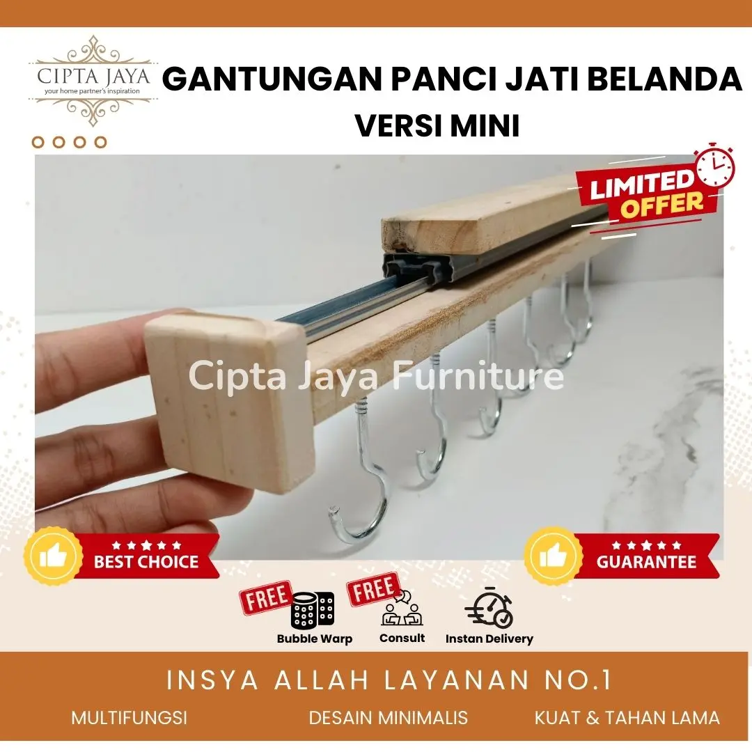 Cipta Jaya - Gantungan Kayu Jati Belanda MINI Panci Printilan Dapur Tarik Dorong Panjang Kitchen Set Minimalis Estetik Rak Panci Tempel Tembok Dinding Bawah Wastafel Hook Cantelan Baju Sapu Hanger Aksesoris Unik Serbaguna Multifungsi Kuat Kokoh
