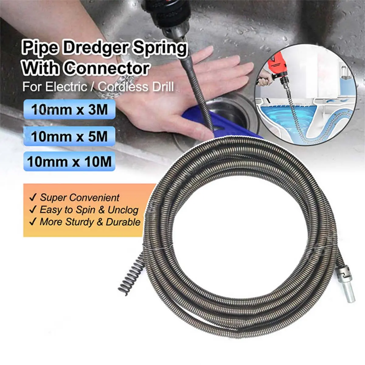Alat Jepit Kawat Pembersih Saluran Mampet dengan Adaptor Bor Pipa Air Wastafel dan Cleaner Flexibel Pembersih Kotoran - Diameter 6.3mm, Panjang Kabel 3M