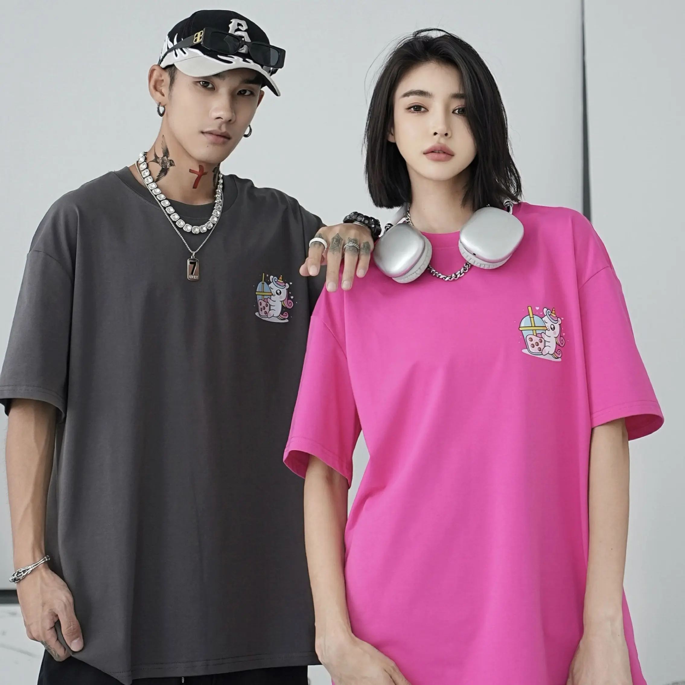 [ Sozo-one ] - Korean Style Unicorn 220 Grams Cotton Oversize Tee Unisex Sizes T-shirt Women Men Couple SN7898 SN8001 Casual Crew Neck Black White Yellow Mint Womenswear Clothing Comfort