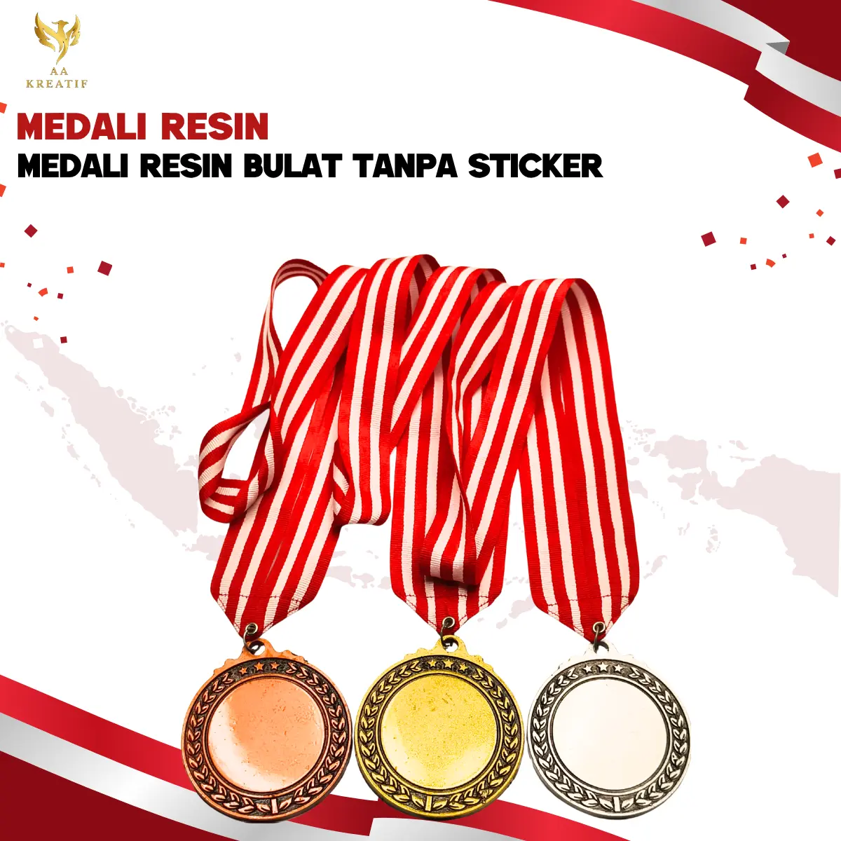 Medali Resin Custom Emas Perak Perunggu Dengan Tali Merah Putih Mendali Gold Silver Bronze