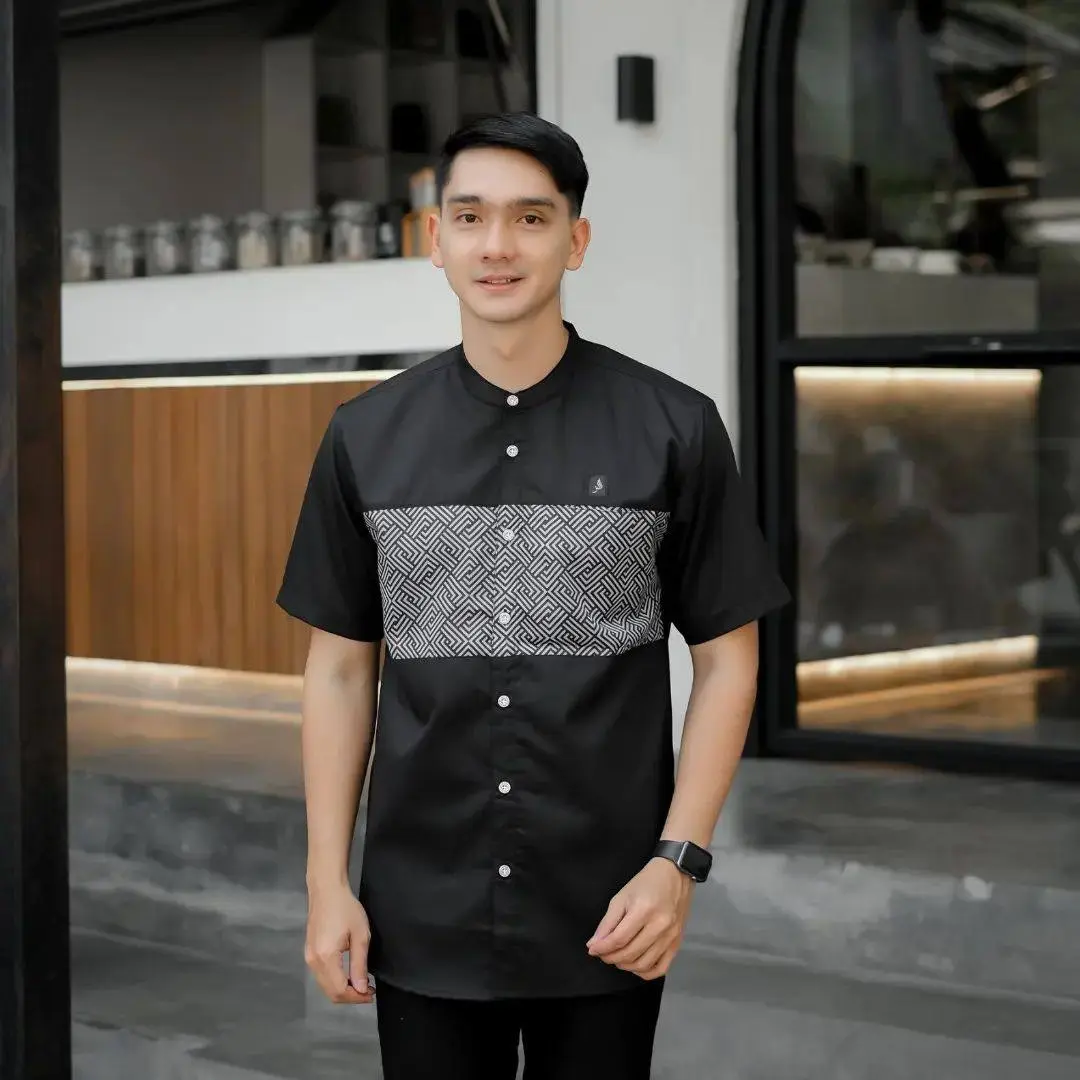 Baju Koko Pria Kurta Kemko Sublim Lengan Pendek Garis Kombinasi