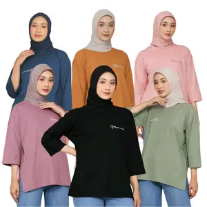 Atasan Kaos Polos Oversize Hijab Basic Wanita Katun Combed 20s Premium Muslim Nyaman Panjang  Tebal  Rib  Baju  Sablon  Top
