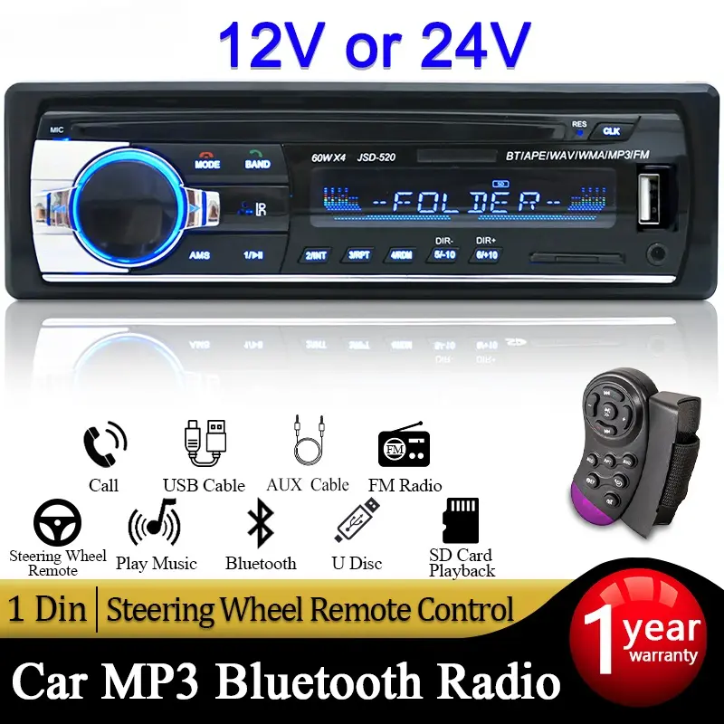 Car Radio Player Bluetooth 12V for Car 24V for Truck 1Din Sterio 1 Din Stereo FM Audio Digital Audio 60Wx4