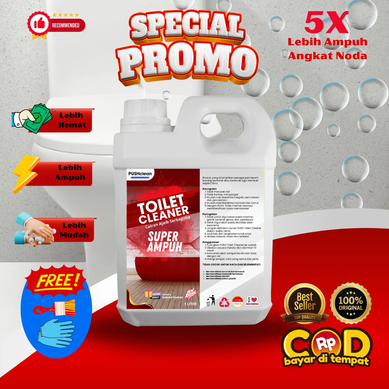PUSHCLEAN TOILET CLEANER FINK 1LITER Pembersih Kamar Mandi Toilet KLoset wastapel ssssssyower kran toren dan kerak nodan pada peralatan dapur