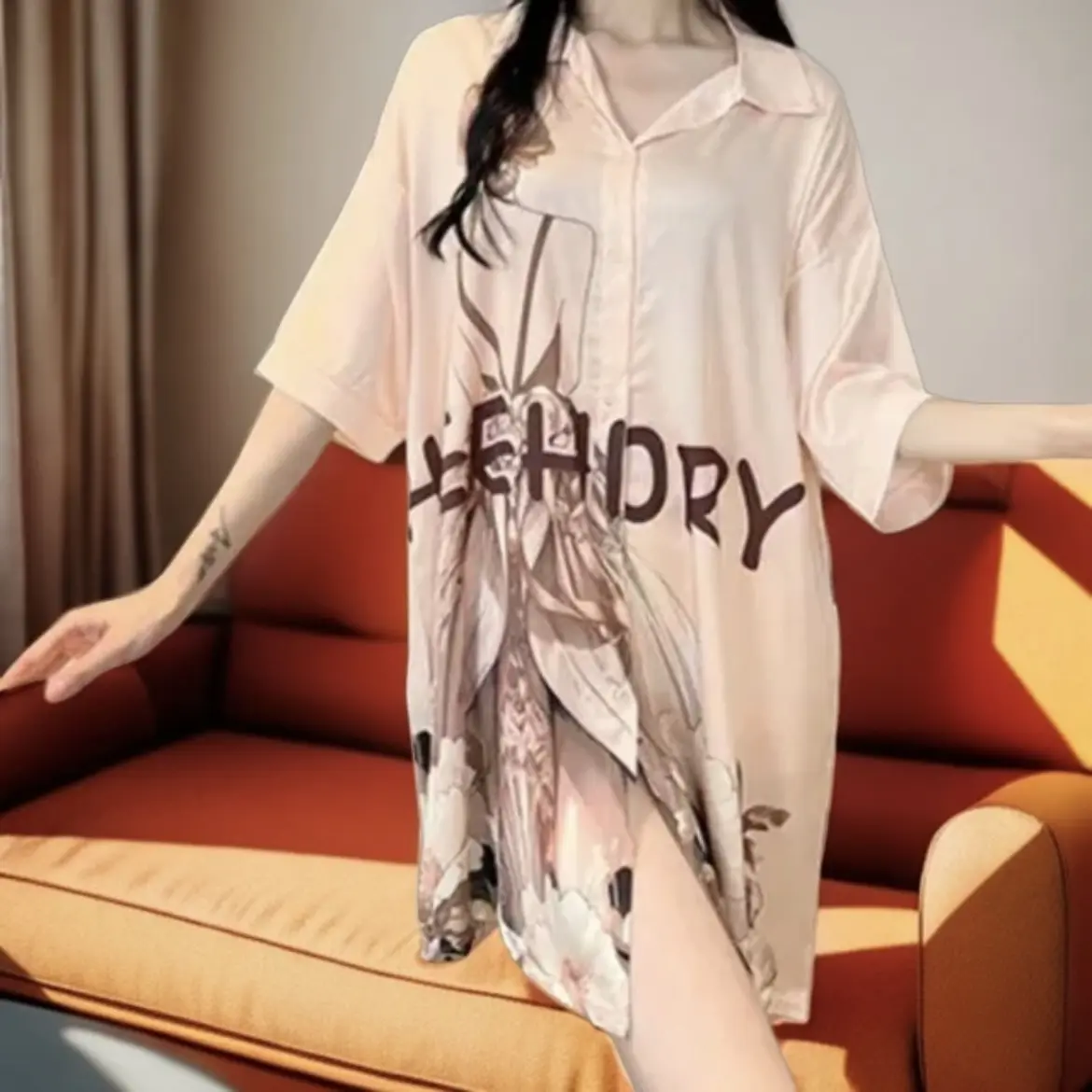A gift for my wife Senior sense ice silk pajamas loose shirt nightdress light luxury women short sleeves can go out in long style Nightwear Elegant Casual Comfort Womenswear Everyday Fabric Lightweight