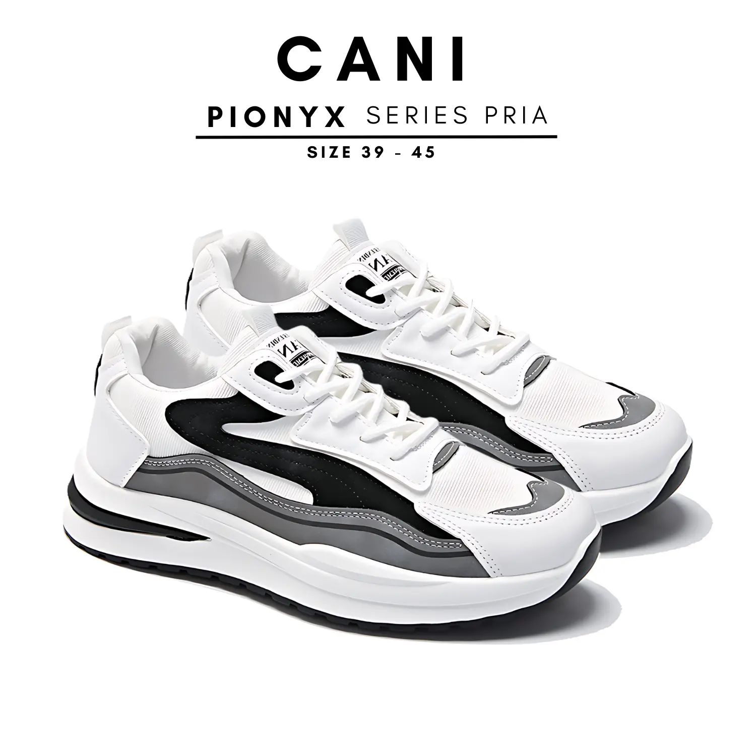 Cani "Free Box" (Size 39 - 45) Pionyx Sepatu Pria Sneakers Sport Fashion Kasual Import - Sepatu Hitam Polos M8117