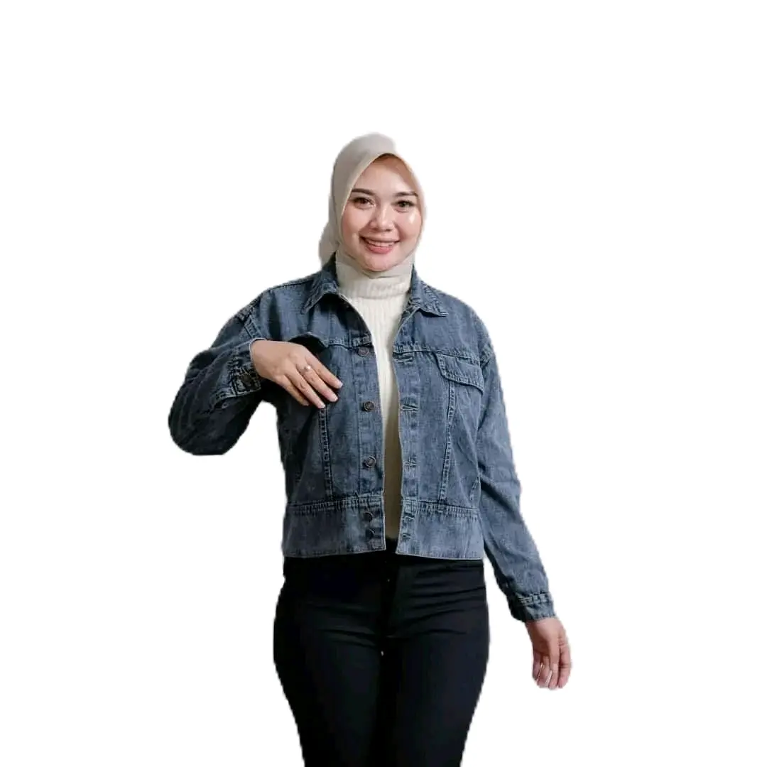 Jaket Jeans Wanita Standar Jumbo Jaket Jeans Wanita denim Panjang Crop Nyaman Cewek Lembut Oversize