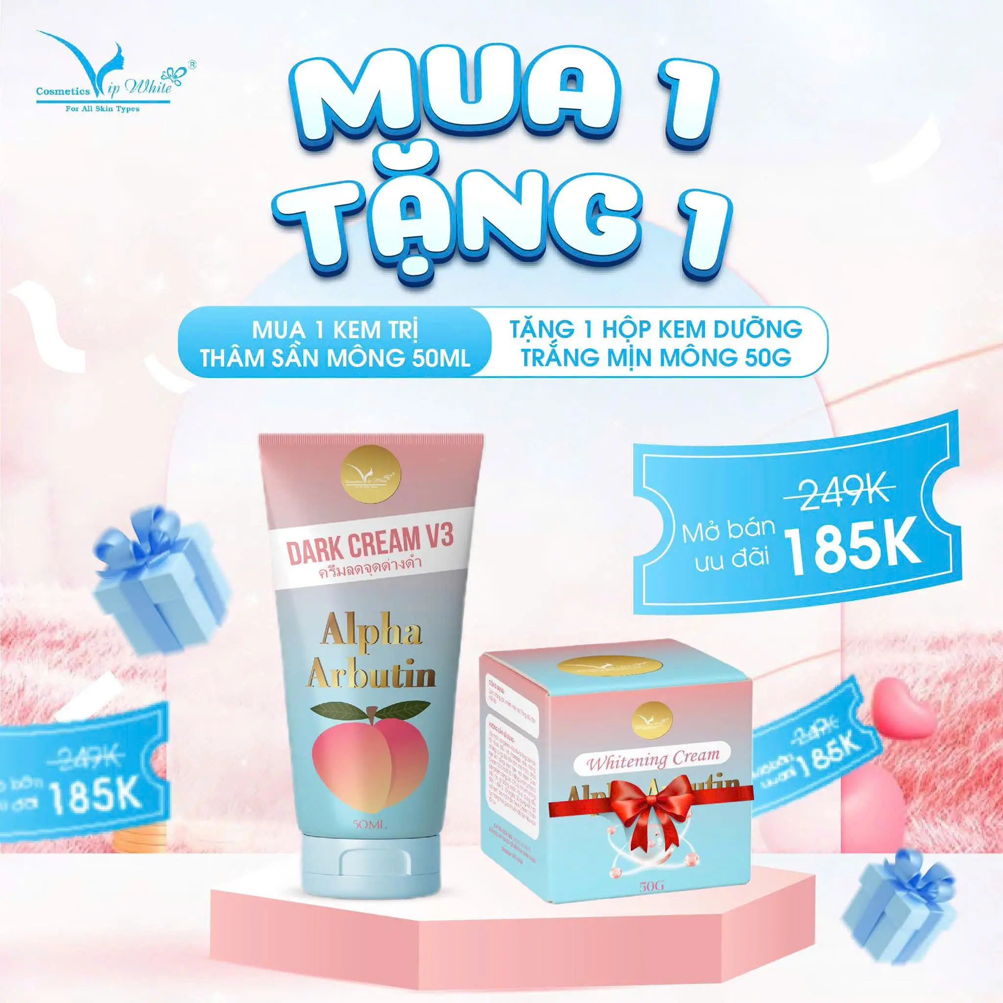 [Mua 1 Tặng 1 ] K.em G.iảm Th.âm M.ông ALPHA ARBUTIN 50gr, Tặng 1 Dưỡng Trắng Mịn M.ông 50gr , Giảm Thâm Mụn Mông ,VIP White Cosmetics