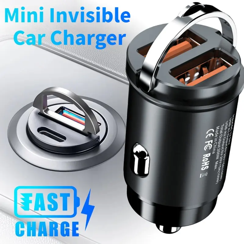 【Readystock+ COD】High Quality Aluminum Alloy Mini Invisible Car Charger Fast Charging Car Charger USB Type C PD30W QC3.0 Dual Port Compatible Car Phone Adapter