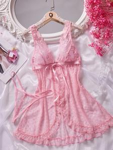 Regalo de San Valentín para mujer, conjunto de pijama casual y lindo, escote en V profundo, bordado floral, semitransparente, sin mangas