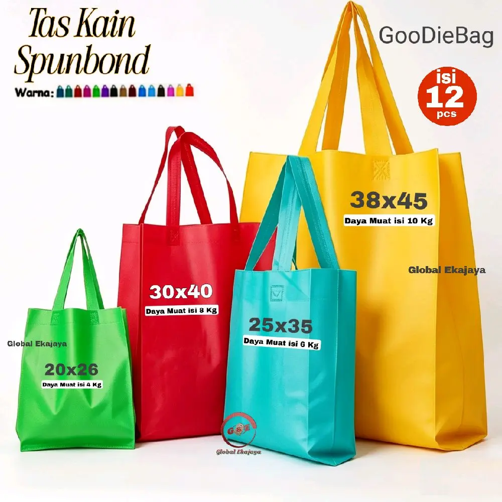 12 Pcs (Lusinan) Tas Belanja Kain Spunbond Goodie Bag Tali Ukuran 20x26 25x35 30x40 38x45 Shopping bag Kantong Goodybag Parsel Hantaran Hajatan Hampers Souvenir Ultah Pernikahan, kantong Paperbag Ramah Lingkungan Thinwall, Bisa Cetak Nama Sablon Karakter