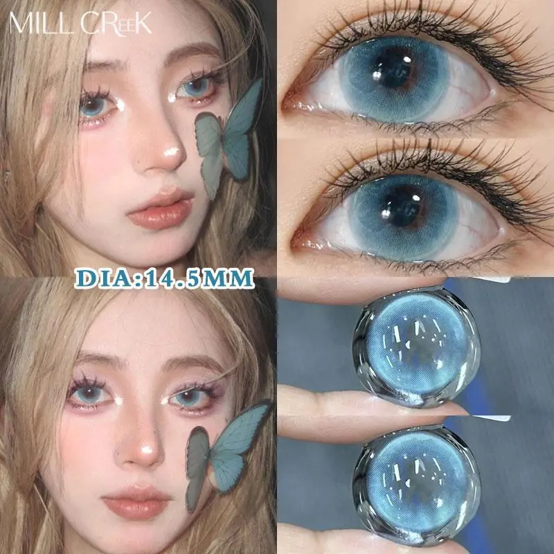 Kính áp tròng, Mill Creek, 1 Cặp / 2 miếng, Đường kính lớn: 14,5mm, 14,2mm, 14,0mm, Thiết kế Tắc Kè Hoa, Ống kính mềm, Ống kính màu xanh lá cây và màu xám, Chất liệu chính: HEMA WT: 40%, Thời gian sử dụng: 6-12 tháng