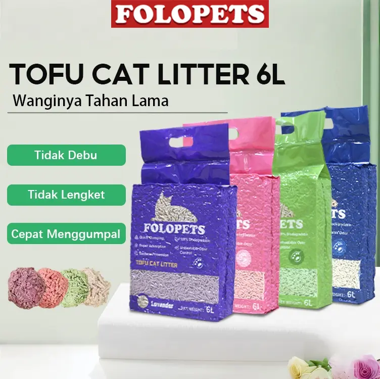 FOLOPETS Pasir Tofu Kucing 6L (2.3kg) -  Wangi Tahan Lama & Eco Flush! Debu Minimal + Bahan Alami