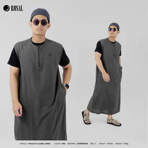 Rojulat Classic ROSAL Abu-abu Rompi Sholat Pria Panjang Seperti Gamis Kerah Oblong Bahan Katun Supernova Nyaman Syar'i
