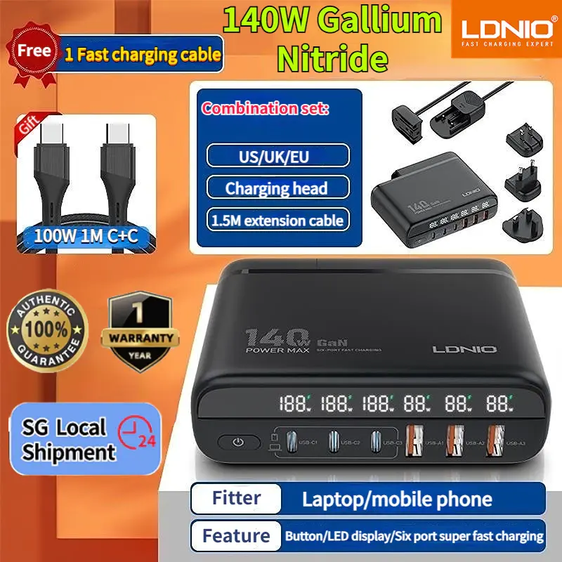 LDNIO A6140C 140W GaN Phone Notebook Laptop Desktop Charger / PD 3.0 + QC 4.0 Super Fast Quick Charging