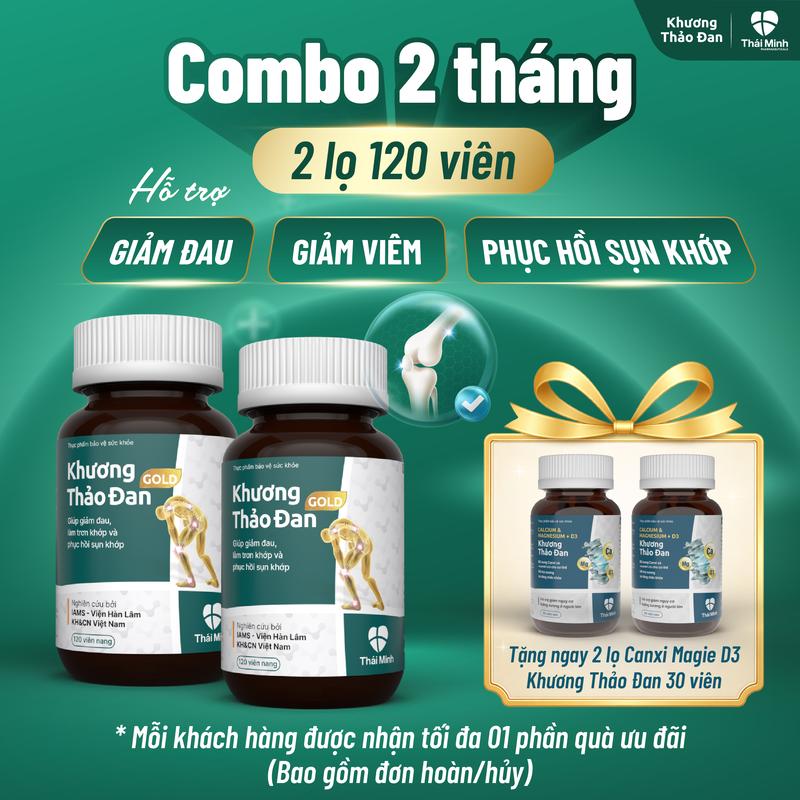 [COMBO 2 THÁNG - TẶNG VIÊN UỐNG CANXI] - Viên uống Khương Thảo Đan Gold - Hỗ trợ đau mỏi vai gáy, lưng, khớp gối, thoái hóa khớp - 2 lọ 120 viên
