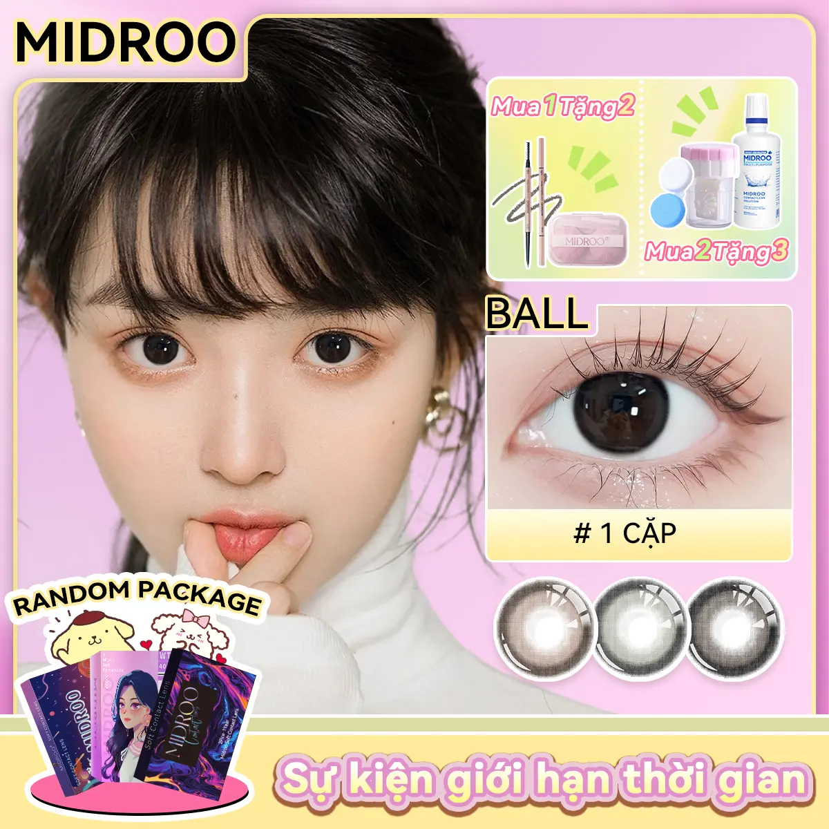 【Mua 1 tặng 2】kính áp tròng Midroo Snow Ball 12 tháng 0-6 độ 14,5mm tự nhiên màu đen sử dụng thích hợp cho học sinh Lens