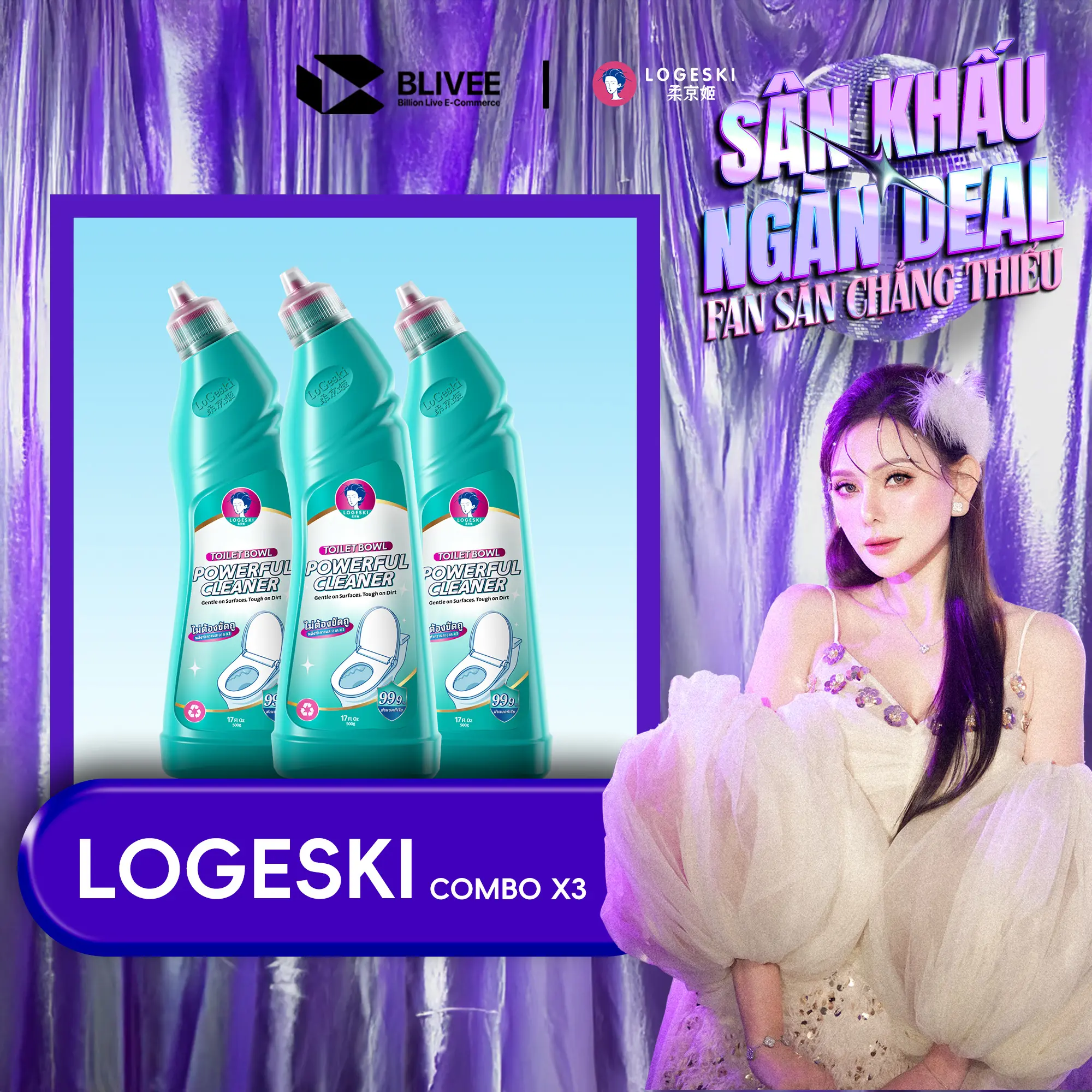 Nước tẩy bồn cầu Logeski, Sạch không cần chà, công thức kiềm, khử trùng và khử mùi - 500ml × 3 chai, dùng để làm sạch lát gạch và kính