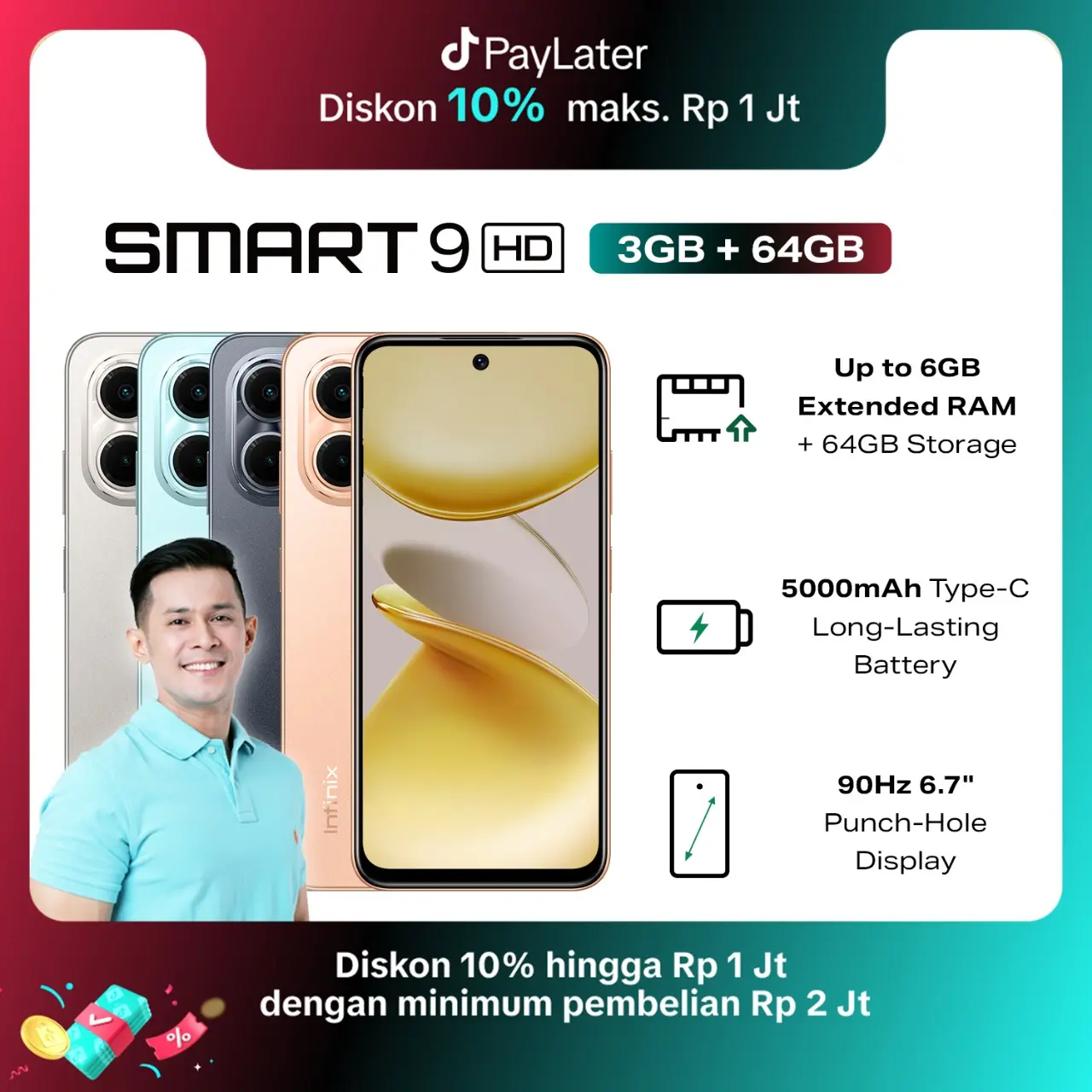 [Exclusive Afdhal] Infinix Smart 9 HD 3/64GB - Up to 6GB Extended RAM - 6.7 inch 90Hz Punch Hole Display - Helio Octa Core - 5000 mAh