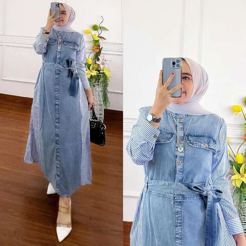 Gamis Jeans Selina Jeans // Dress Jeans Kombinasi Katun Salur Premium // Fashion Wanita Dewasa Model Terbaru // Busui Bisa Muslim Remaja // Pakaian Wanita Kekinian // Maxi Dress Mewah // Atasan Gamis Denim Lebaran Panjang