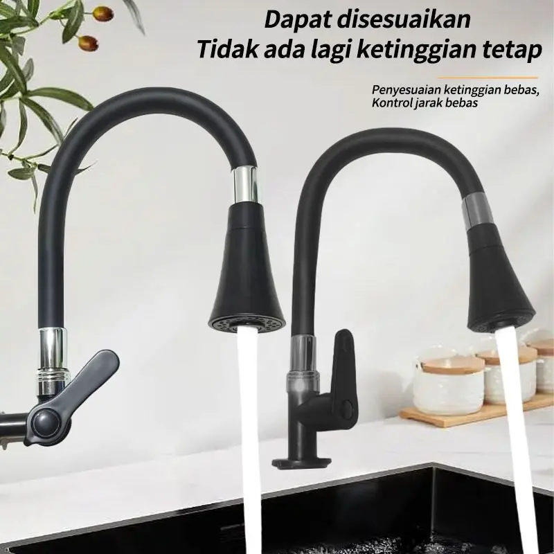 304 Kran Cuci Piring Kran Angsa Fleksibel Hitam Keran memasuki dinding Stainless 360° Wall Mounted Faucet Sink Faucet 2 Effluent Modes