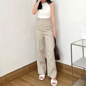 Laura Celana Highwaist Look Korean Simple Celana Kantor Panjang Wanita Formal Katun Drill Nyaman Lingkar Pinggang Fleksibel 66 cm-84 cm