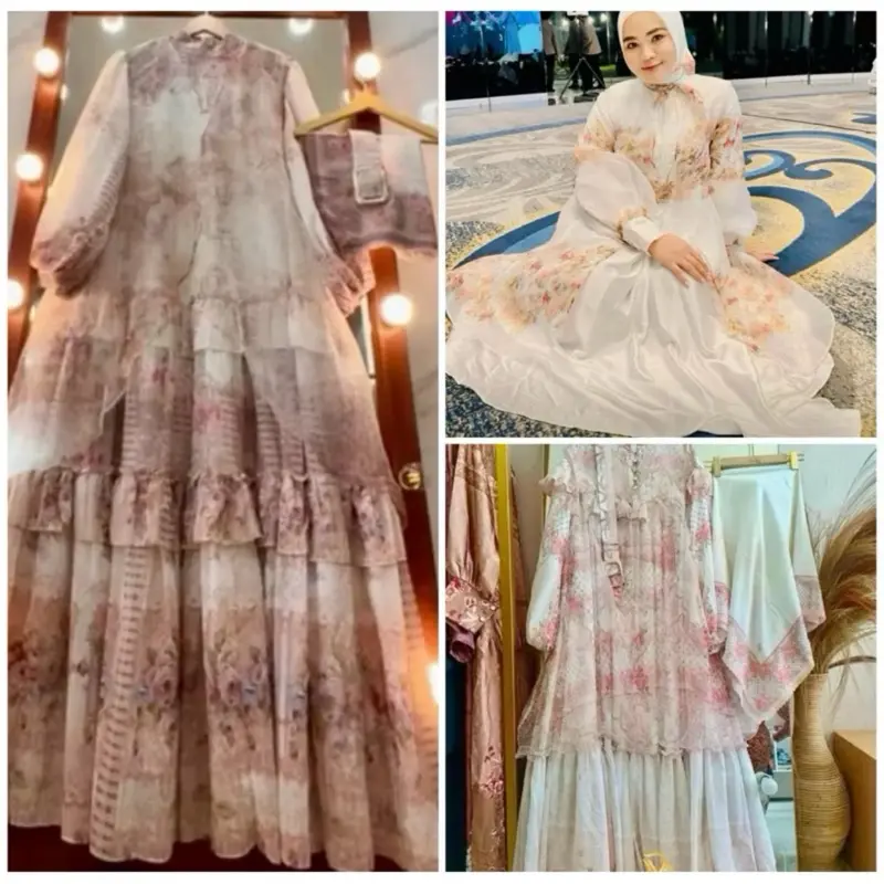 SHELLASAUKIA DRESS RAYA Gamis SET Gamis Monogram lukis tile TERBARU  Set Hijab Premium  Bonus Labubu Banget Dijamin ORi