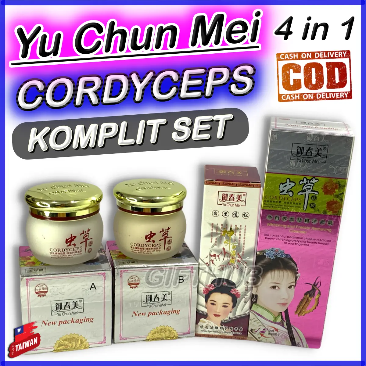 Yu Chun Mei Cordyseps 4in1 Paket Komplit Krim Herbal Siang Malam Sabun Serum Facial Day and Night Cream Soap Essence Original Import - Paket 4 in 1 - Ekstrak Cordyceps Pelembab Wajah Whitening