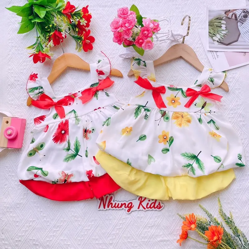(8-14kg)Bộ bí áo dây cánh tiên có nơ,quần bí chất vải lụa cho bé gái dưới 3 tuổi