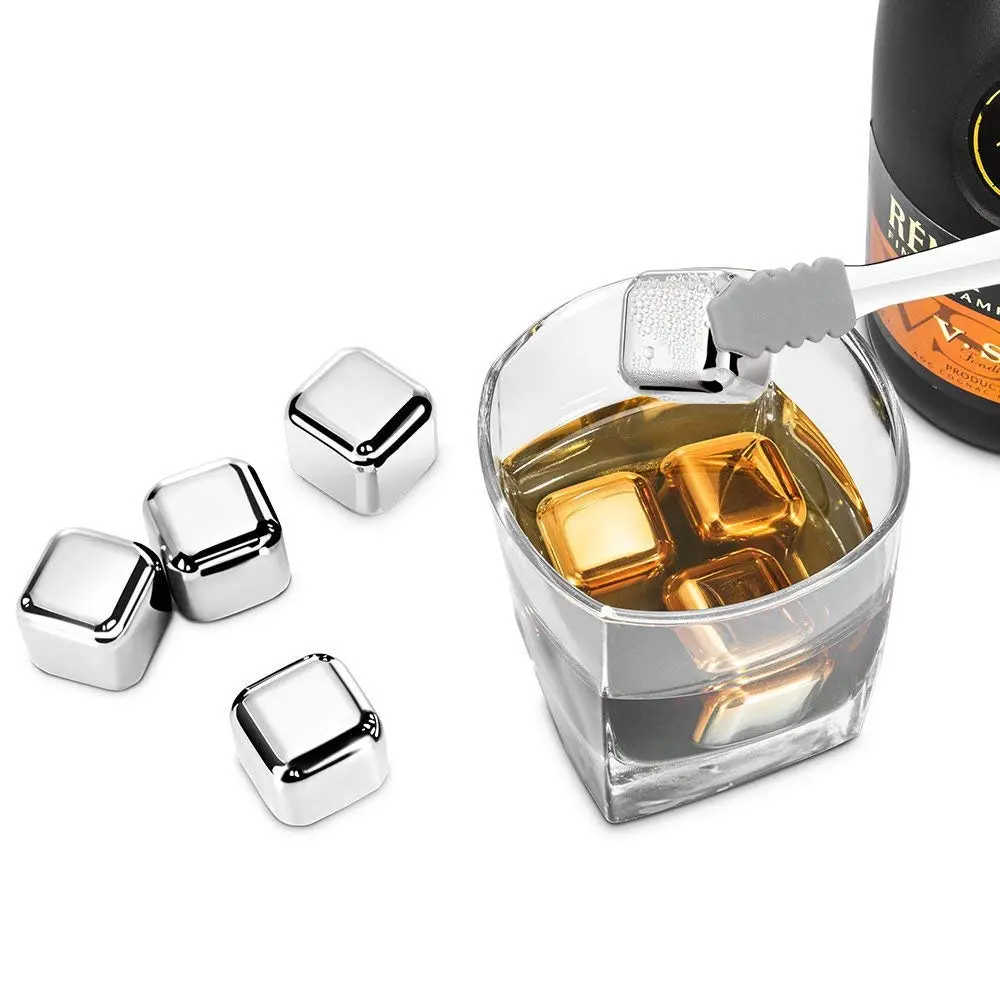 【SG Seller】Truslink High Quality SUS304 Stainless Steel Ice Cubes Synerky Reusable Ice Cubes Stainless Steel Whiskey Stones for Non-diluting Cooling Vodka, Whiskey, Beer, Wine, Beverage Storage Tray Silicone Tip Tong Included Whiskey Ice Cubes