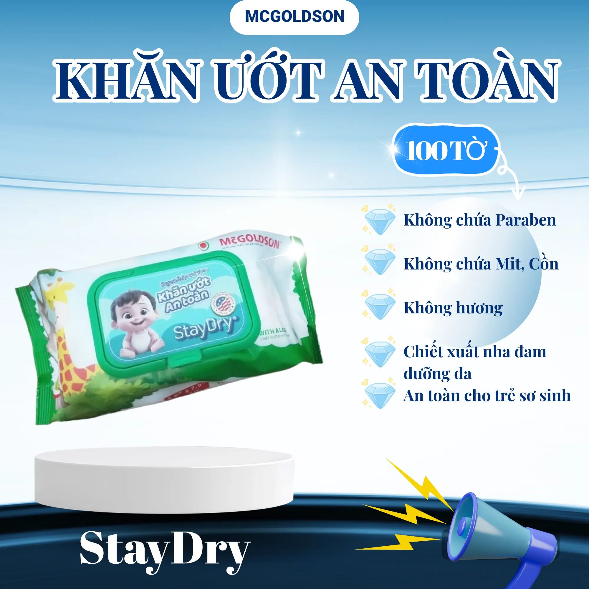Combo 12 gói khăn ướt trẻ em StayDry 100 tờ không hương