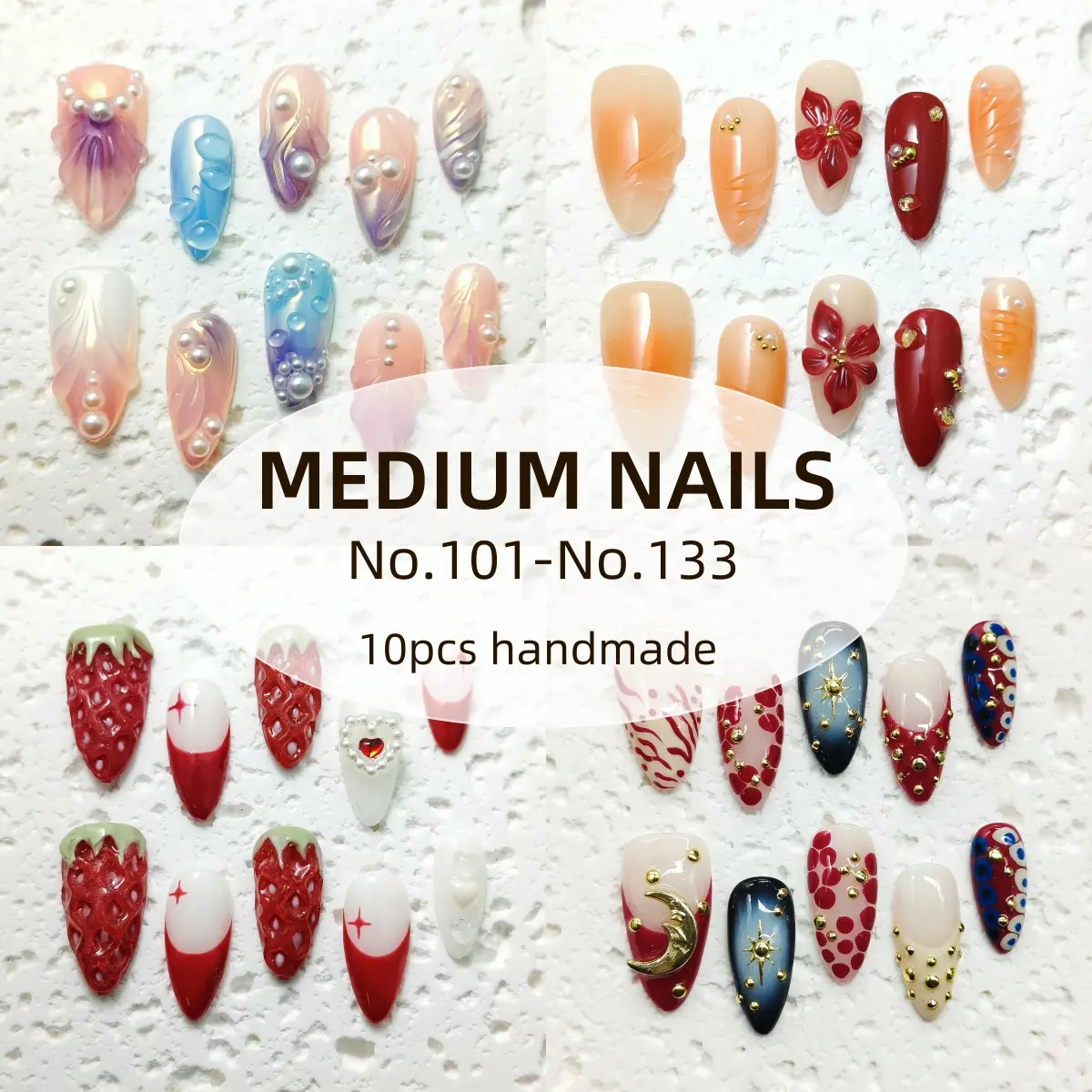 [BUY 2 GET 3][NO.101-133] 10pcs Handmade Press-on nails Medium Nails Hand drawn Fake nails Bundle Finished nail stickers Reusable Removable