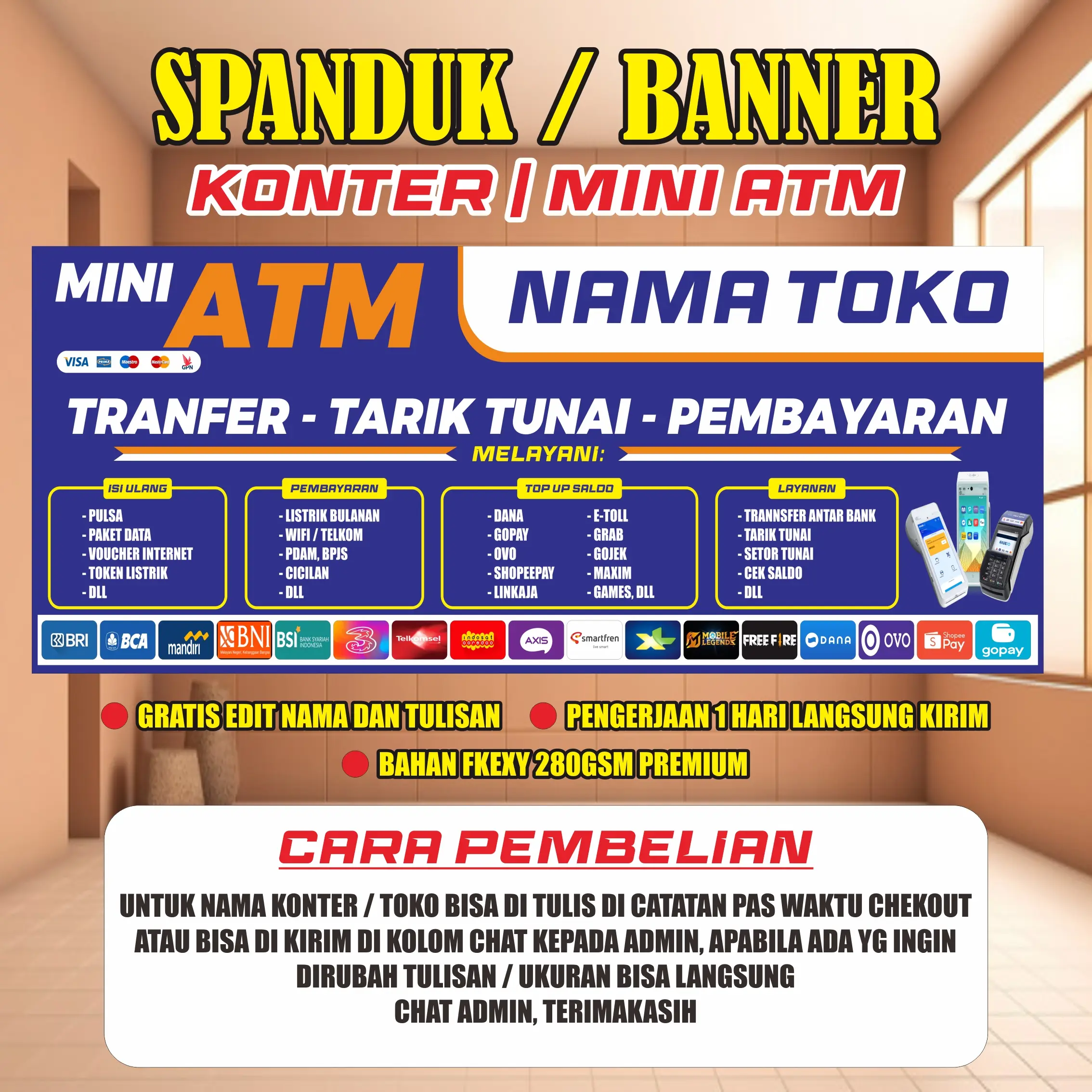 SPANDUK/BANNER konter pulsa/ATM mini BACKDROP KONTER/MINI ATM murahhh!!!!