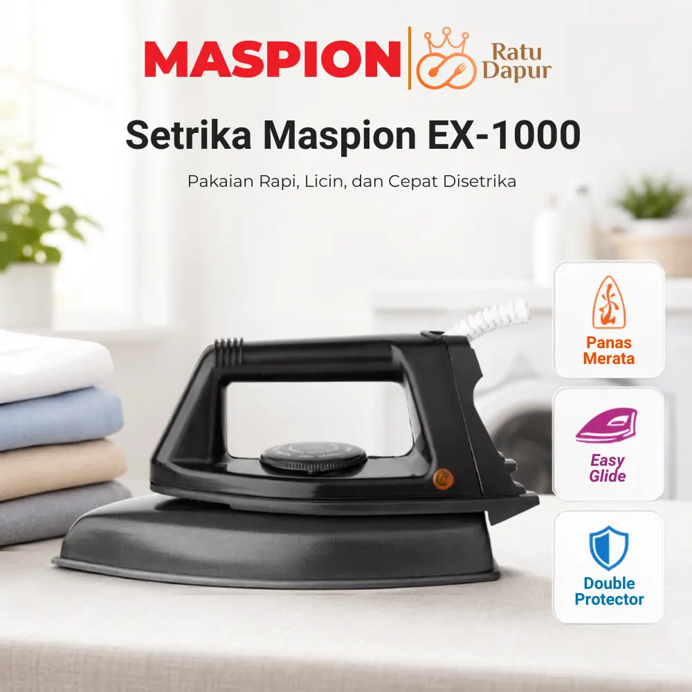 [AFF1] Maspion Setrika EX-1000 Original Setrika Listrik 350 Watt Hemat Listrik Cepat Panas Alas Anti Lengket Thermostat Thermofuse Lampu Indikator Pengatur Suhu Body Ringan Setrika Kering Pakaian Rumah Tangga Garansi Resmi SNI 1 Tahun Ori Bergaransi