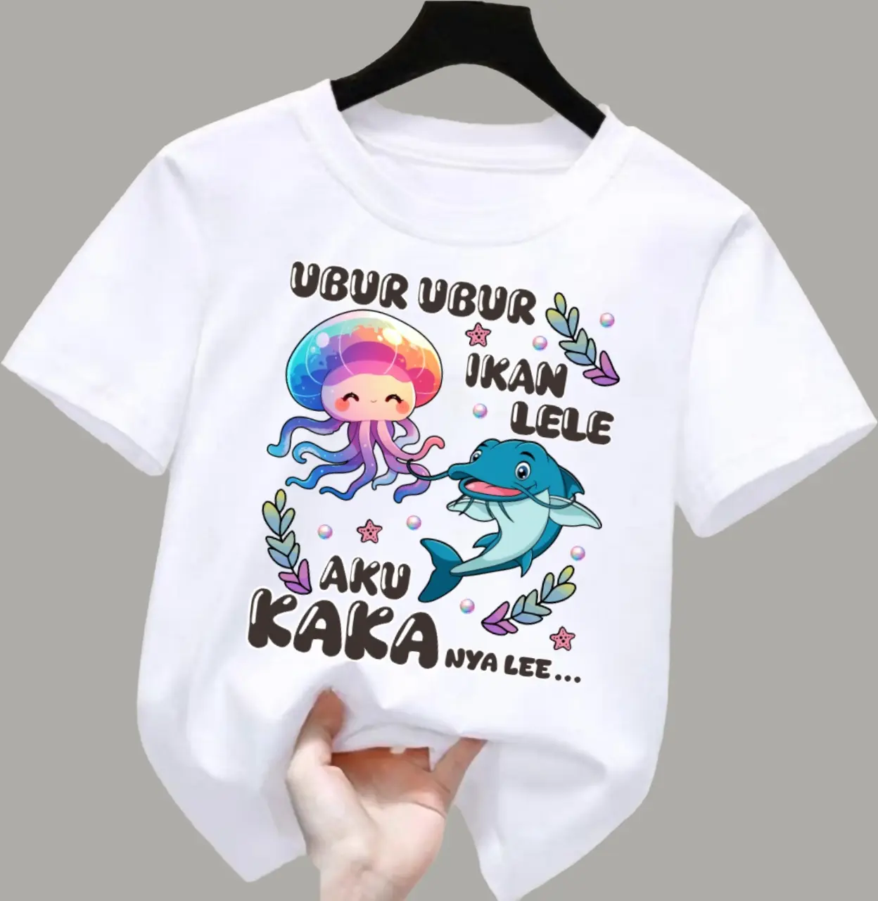 Baju kaos anak perempuan/lakilaki gambar ubur ubur ikan lele aku kaka nya lee lengan pendek 1-12tahun K.262 Bunda Cewek Perempuan