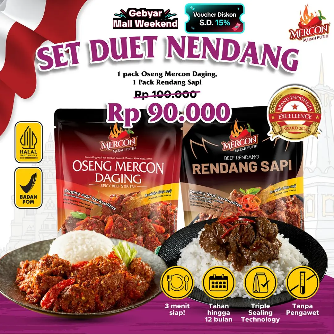 [HARGA KHUSUS LIVE] MERCON MERAH PUTIH - SET DUET NENDANG MERCON ISI 2 PACK (MERCON DAGING, RENDANG SAPI) LAUK SIAP SAJI Food Pedas Instan