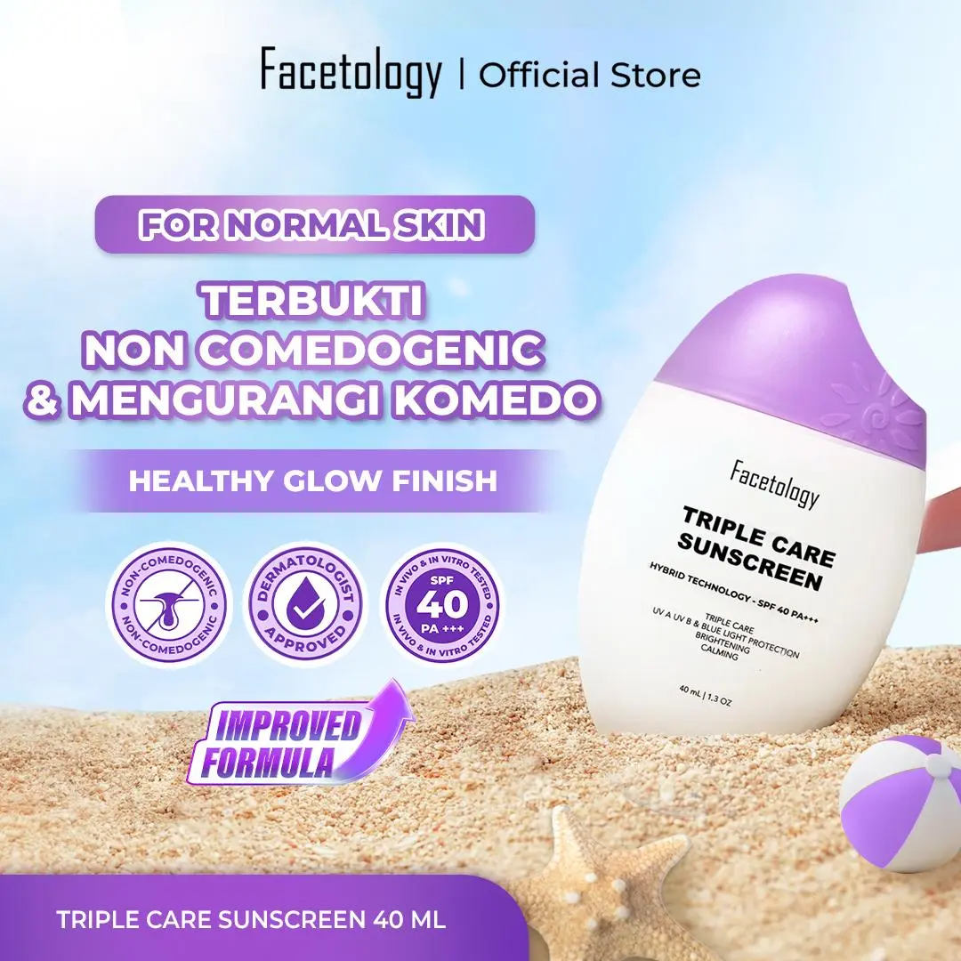 Facetology [IN VIVO & NON COMEDOGENIC TESTED] Triple Care Sunscreen SPF 40 PA+++ 40ML, Sunblock Wajah bantu Mencerahkan & Cover dari sinar matahari