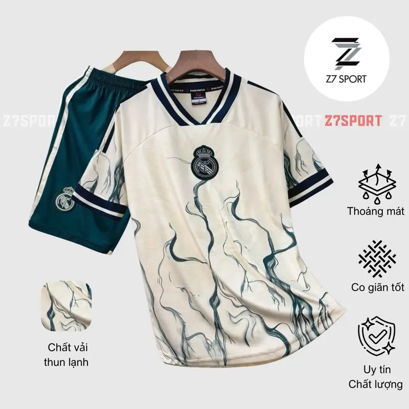Bộ quần áo bóng đá, đồ đá banh REAL XANH logo THÊU vải thun lạnh cao cấp loại I Top Sport
