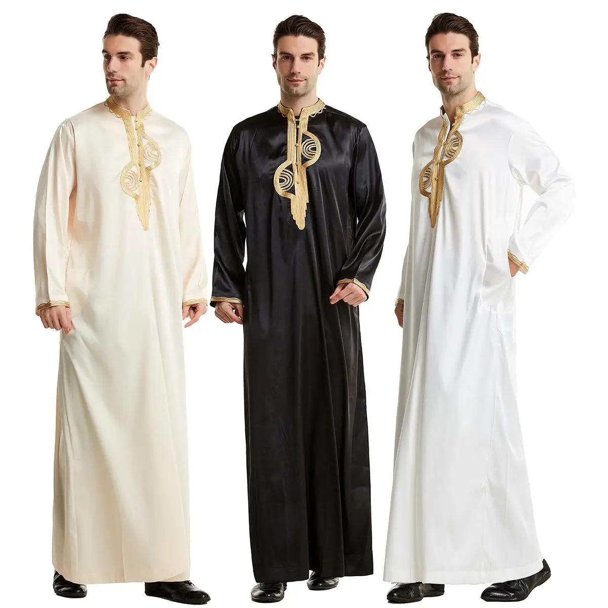 Embroidered Robe Long Sleeves Muslim Attire for Men Stand Collar Men's Robes Muslim Ramadan Costume for Muslim Spot Wholesale