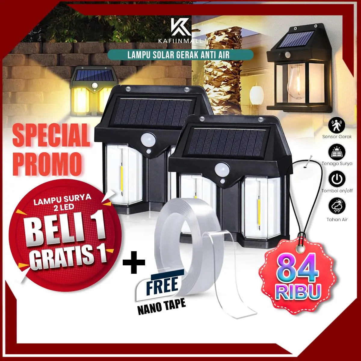Lampu Dinding Tenaga Surya Sensor Gerak Tahan Air Lampu Solar Matahari Hias Taman Outdoor Tanpa Listrik