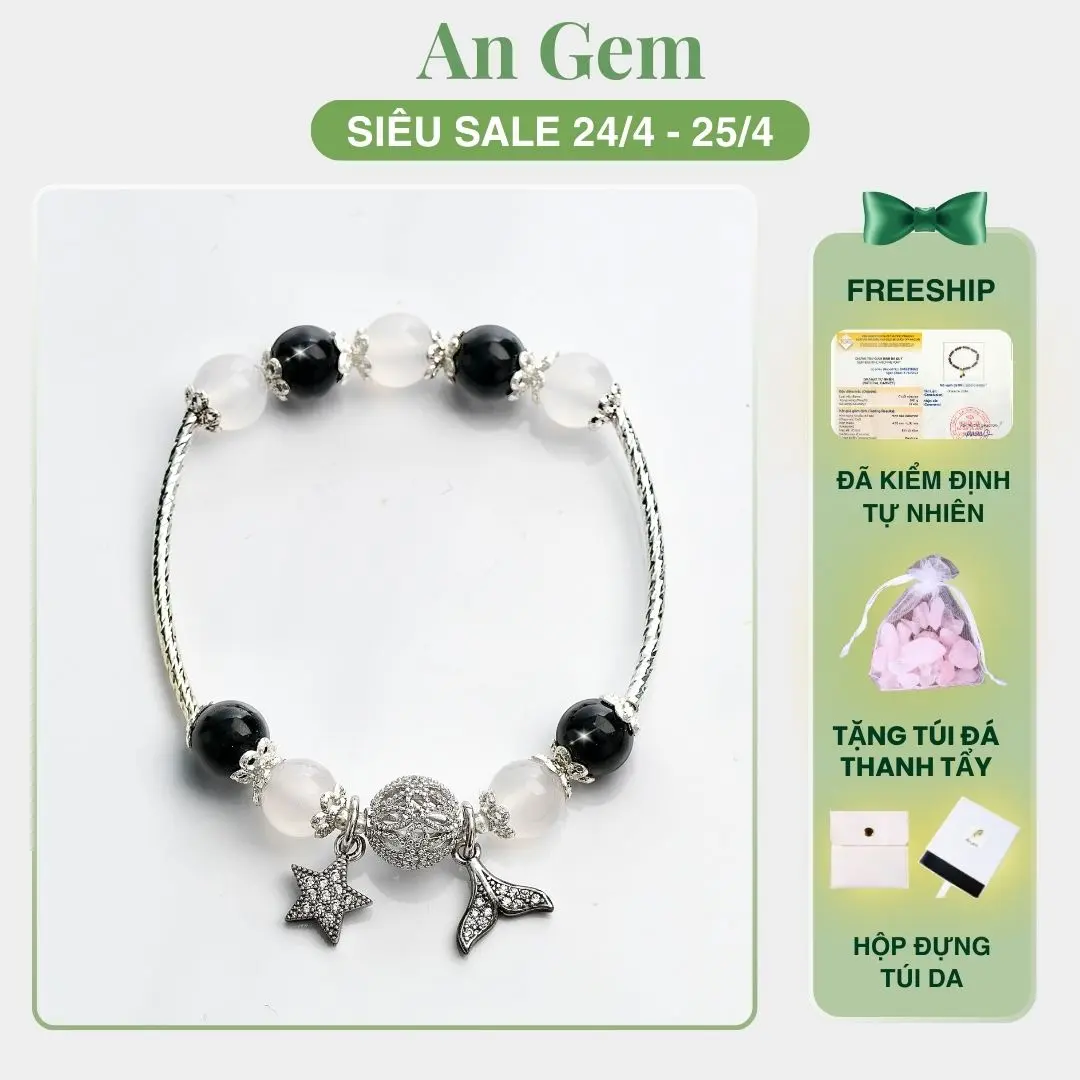 Vòng tay An gem đá obsidian mix mã não trắng kèm charm, lắc tay nữ phong thuỷ đá tự nhiên quà tặng sinh nhật giáng sinh Noel Tết Valentine [TẶNG TÚI ĐÁ NĂNG LƯỢNG]