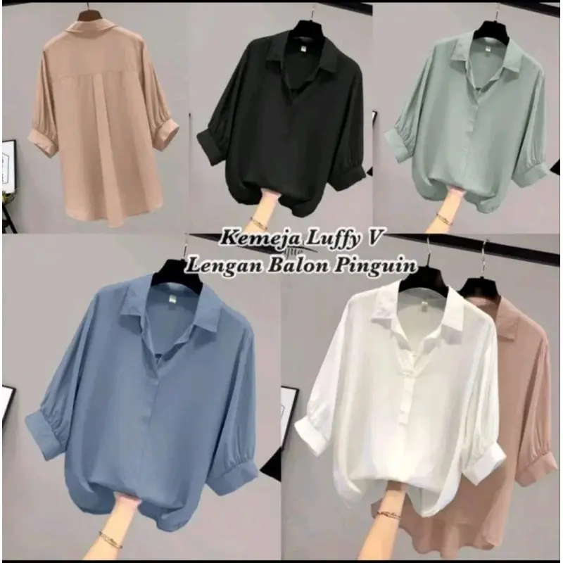 Atasan Wanita Leher V Neck Lengan Ballon / Blouse Kemeja Polos Wanita Lengan 7/8 / Baju Cewek Kerja Korea Style Terbaru