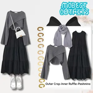 One Set 3in1 Modest Outfit Inner Raffle + Pashmina + Outer Crop Fashion Hijab Remaja Korean Look BC32
