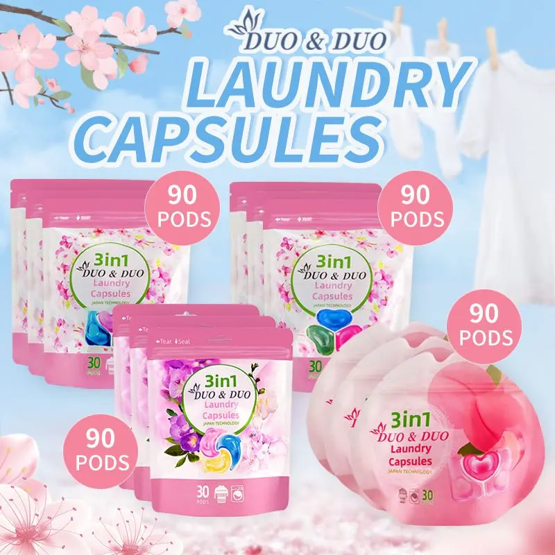 [ DuoDuo ] Plant Based Singapore SGS tested  90 pods 3n1 Laundry Capsules / Green Fruits Scent / Freesia Scent/ Mix Scent/Peach scent Household Perfume