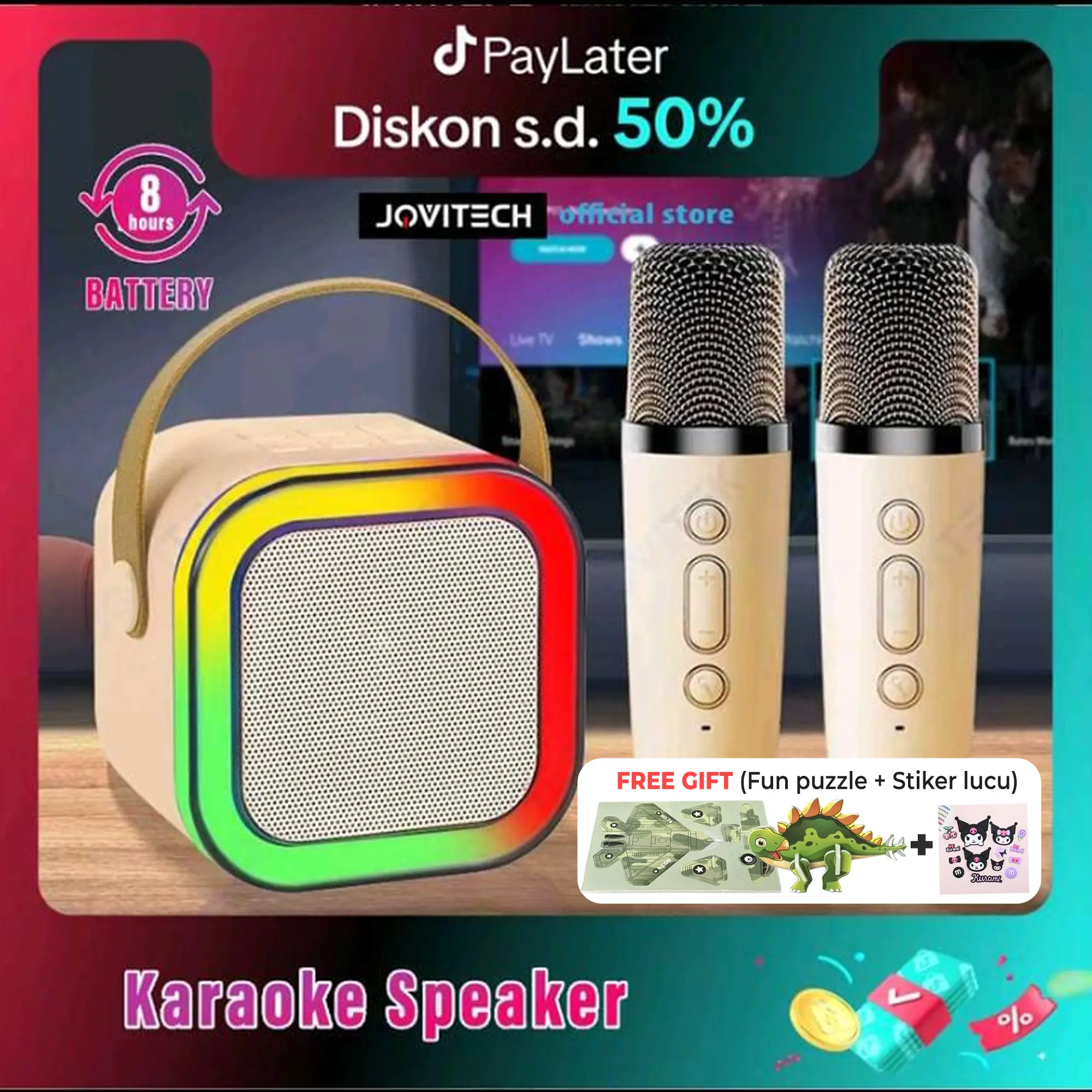 【COD】Jovitech 2in1 Karaoke Set Mini Speaker S51 (K12) Portable Dual Mic RGB KTV Suara Bass Tahan Lama