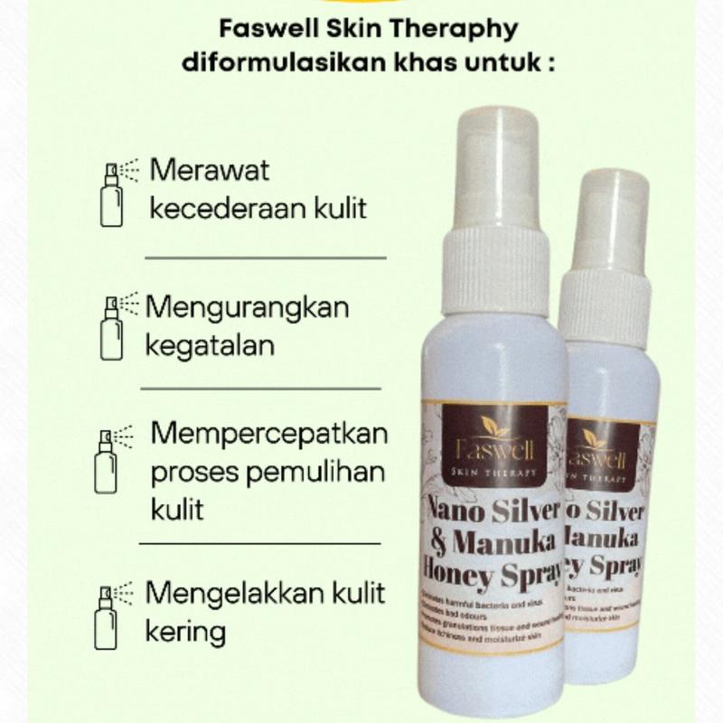 Faswell Nano Silver & Manuka Honey Spray Dr Salehin 60ml - bantu rawat Kulit Kering, Gatal, Luka kaki kencing manis & Segala Jenis Luka - cepat sembuh dan kurang sakit - kulit gatal hilang, Saline Water