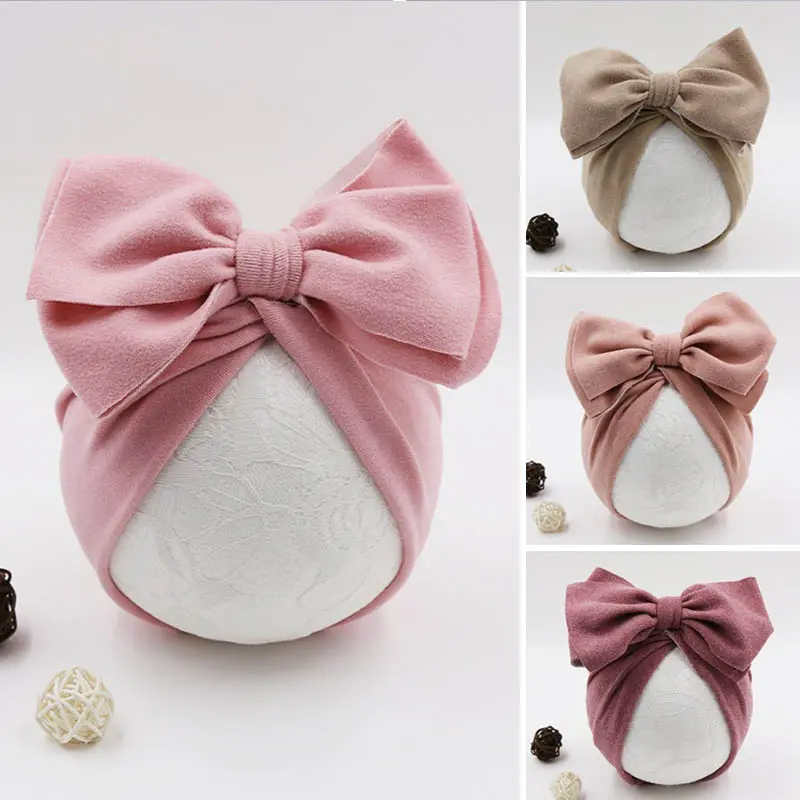 Solid Color Double Big Bowknot Baby Hat Turban Spring Newborn Girls Cap Beanies Soft Elastic Infant Toddler Head Wrap Bonnet
