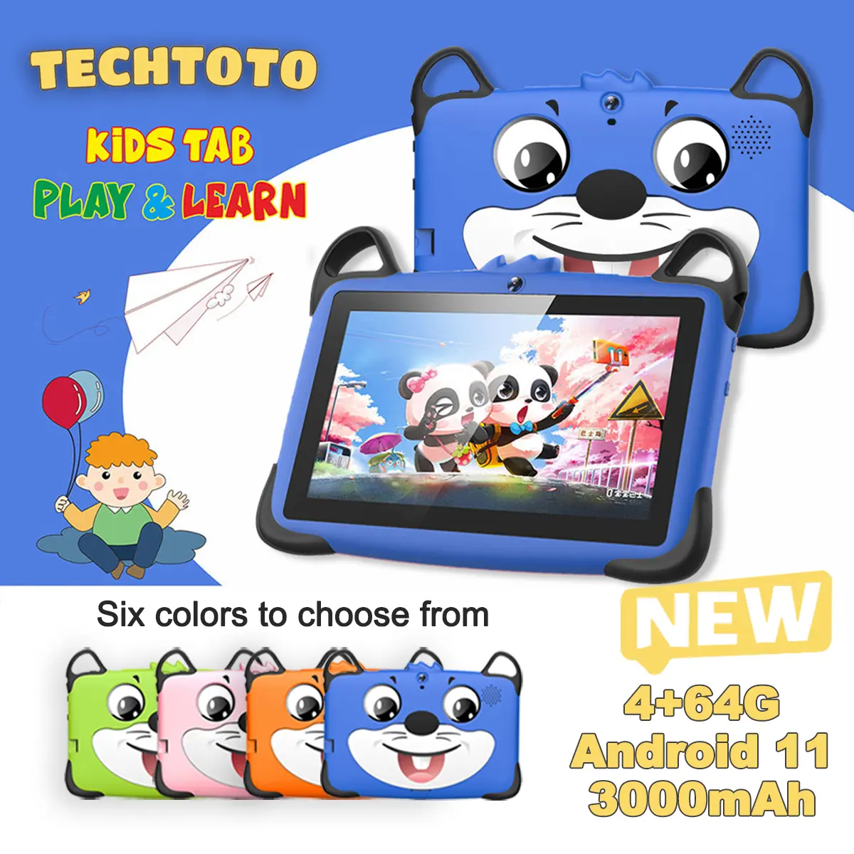 Techtoto 7inch Learing Androld Computer K717 WIfI 8G/64G ROM Orginal Android 7.0 cartoon shell 3000MAhDual camerFall and colllsionprevention Education and development of chlldren Tablet for kids control children's use of tablets Cellphone Smartphone