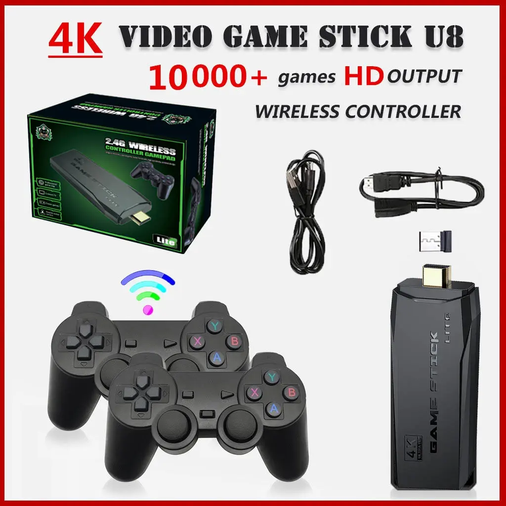 Game Stick 4K Console Wireless Gamepad 64GB/32GB HDMI TV Retro Video Game Pengendali Nirkabel untuk Hadiah Natal Anak Black Controller
